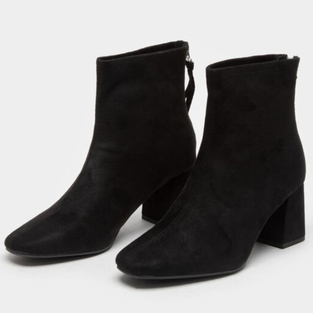 New Black Square Toe Block Heel Ankle Boots Booties